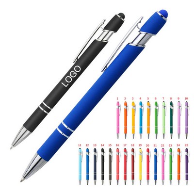 2-in-1 Click Action Soft Touch Double Ring Aluminum Ballpoint Pen w/Stylus